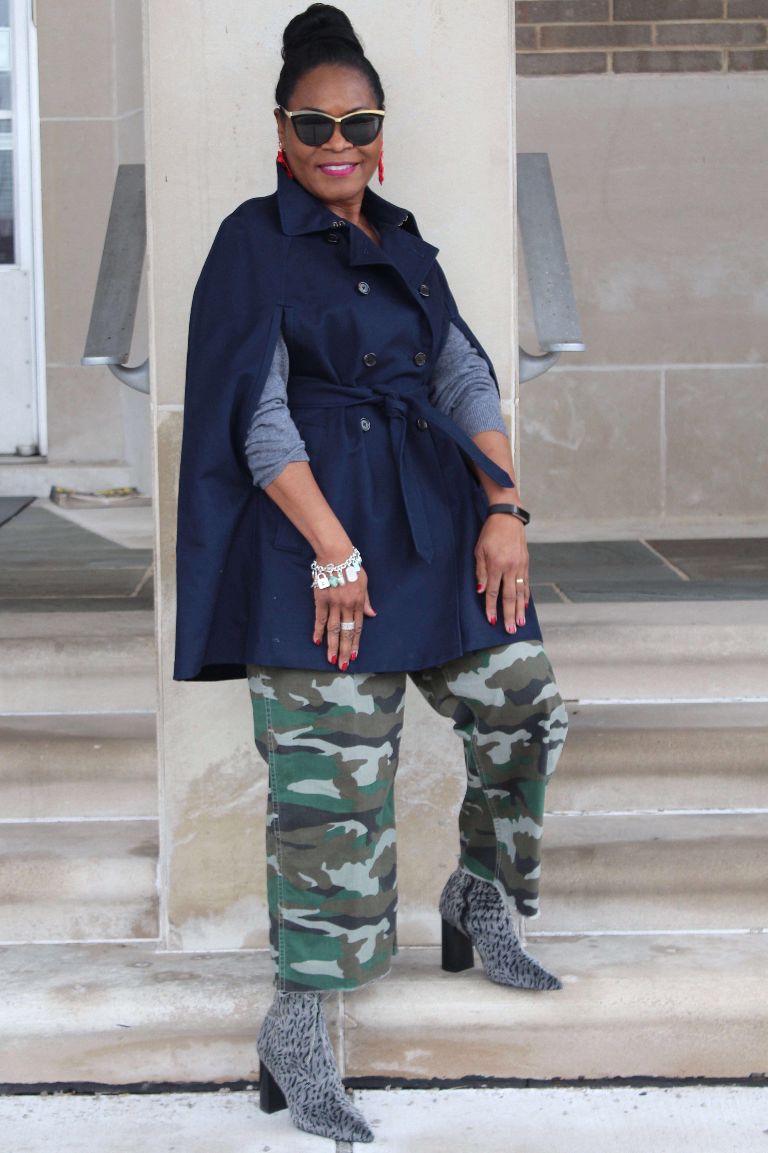 Difference Between Cold and Flu; J.Crew Trench Cape; J.Crew Camouflage Foundry Pants; Jeffrey Campbell Siren Bootie