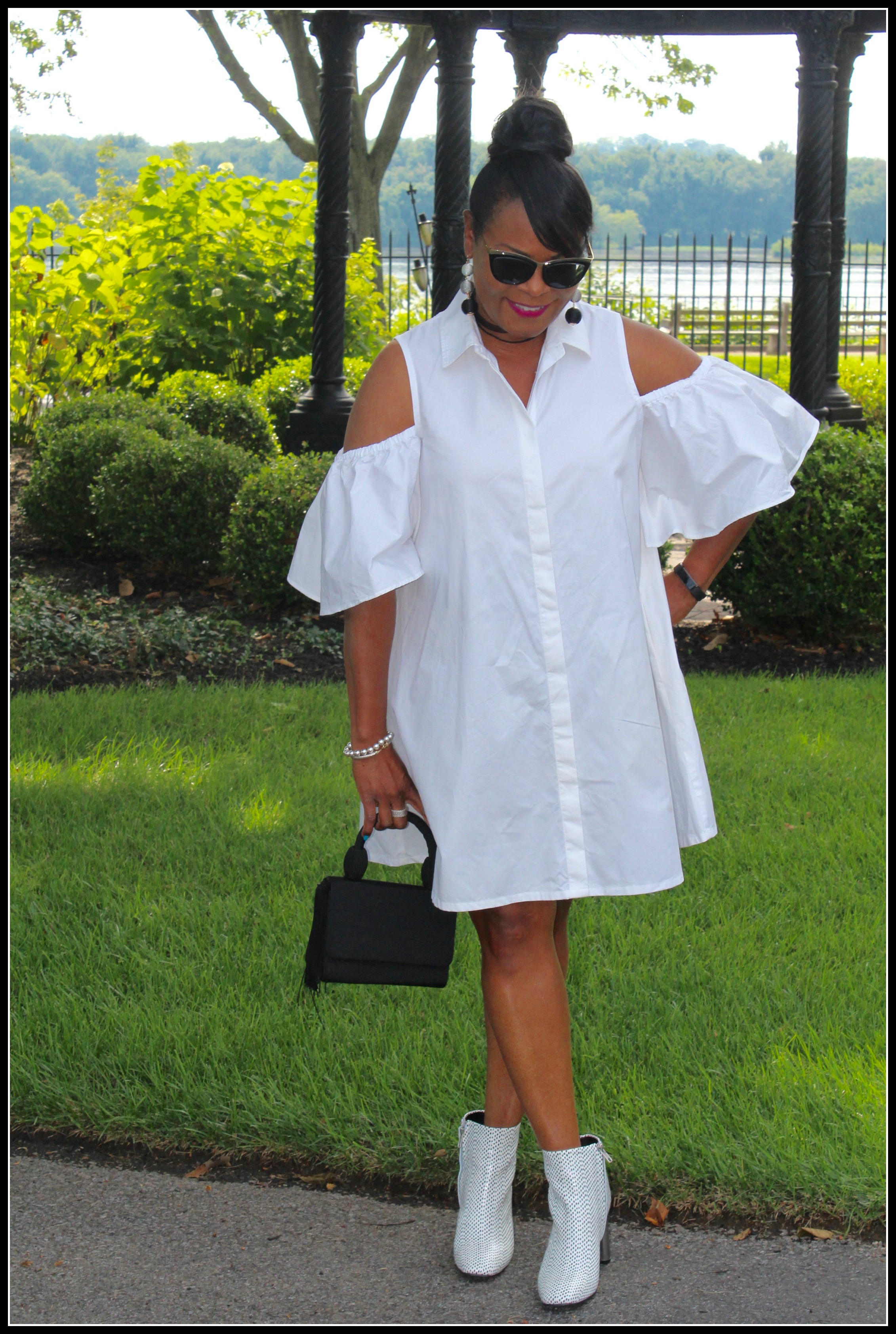 White Cold Shoulder Dress With GoGo Boots