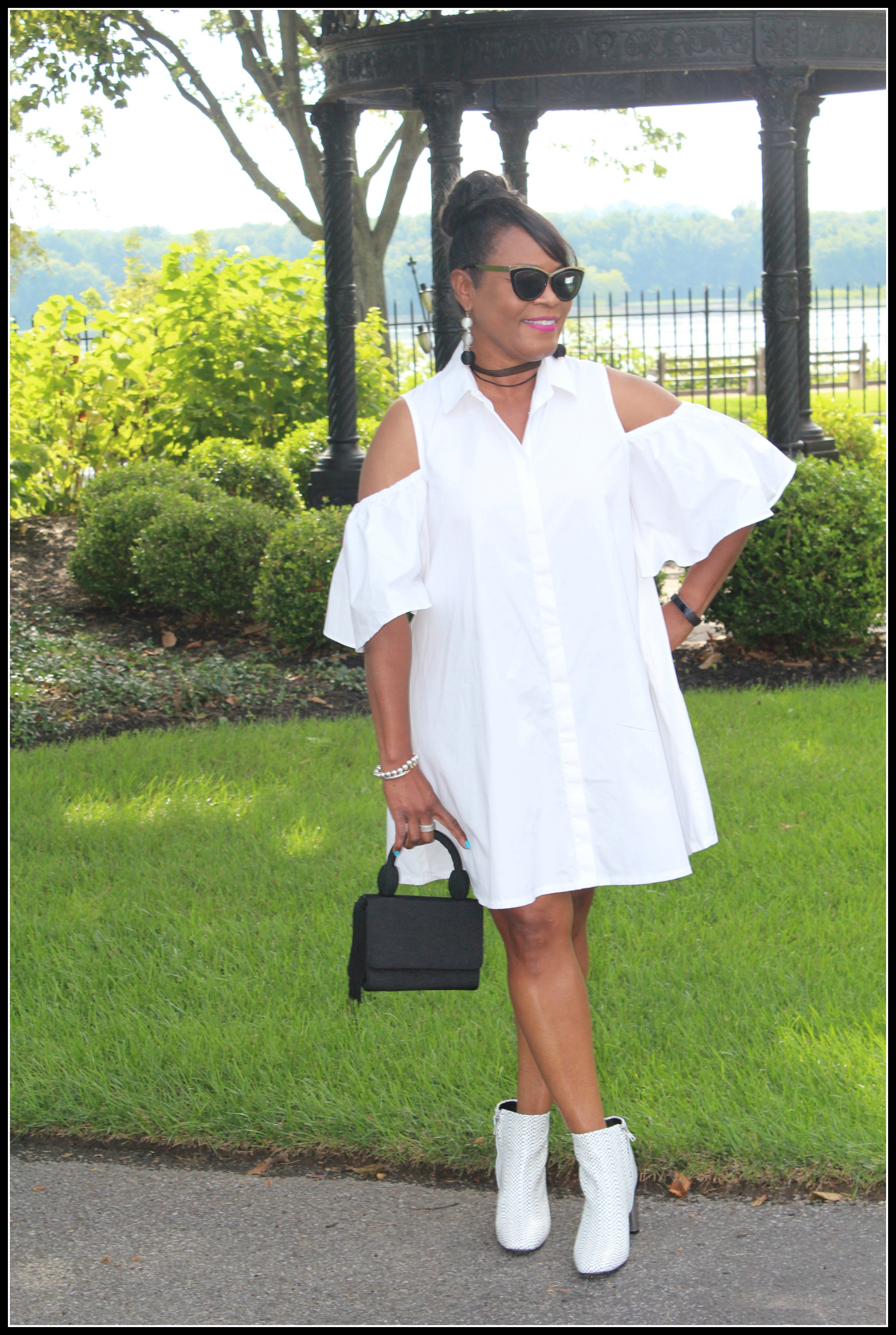 white dress with white boots