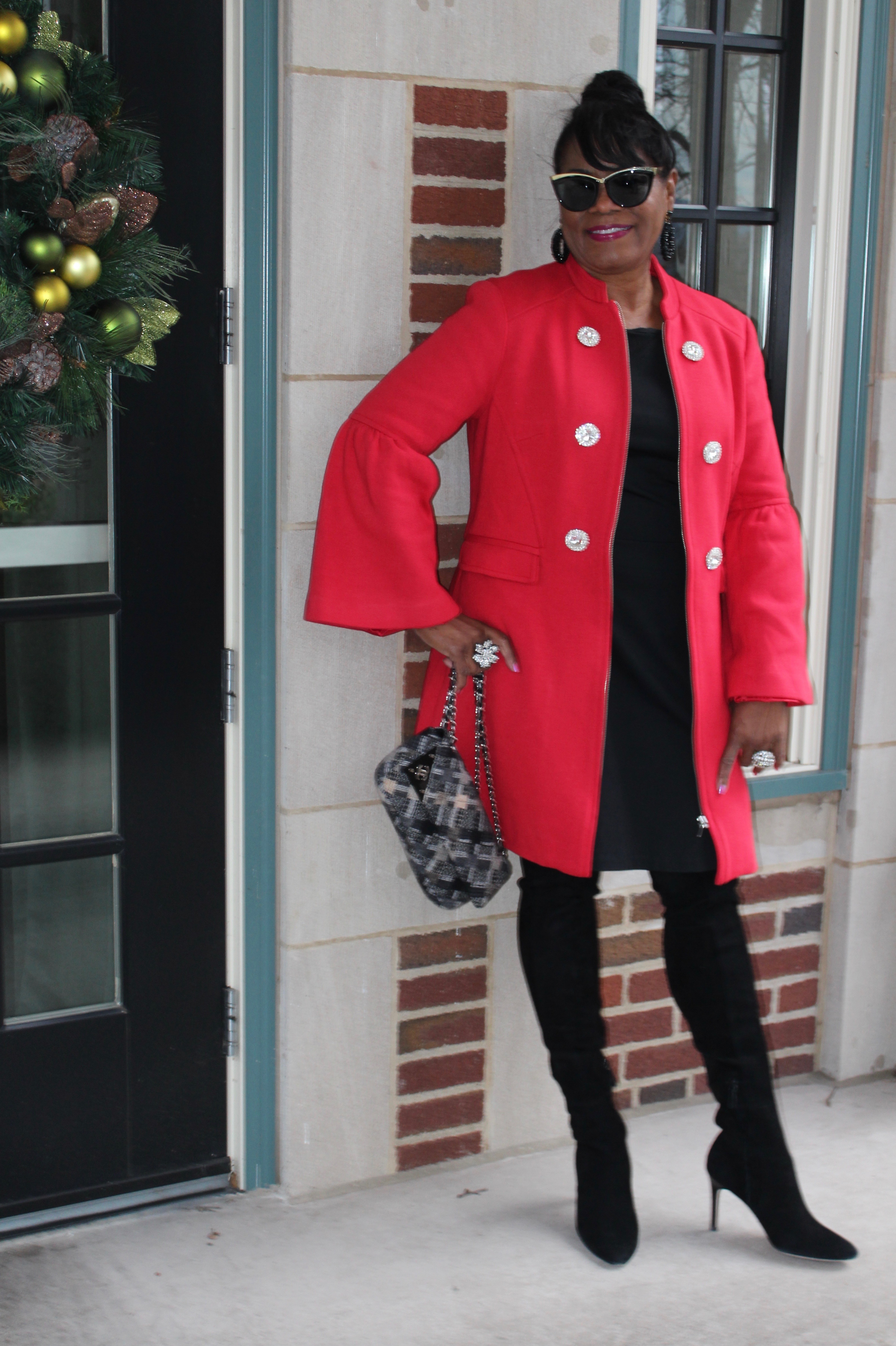 Birabiro Jewelry Trunk Show & Holiday Party; INC International Concepts Embellished Button Ponte Red Coat; Merry & Bright