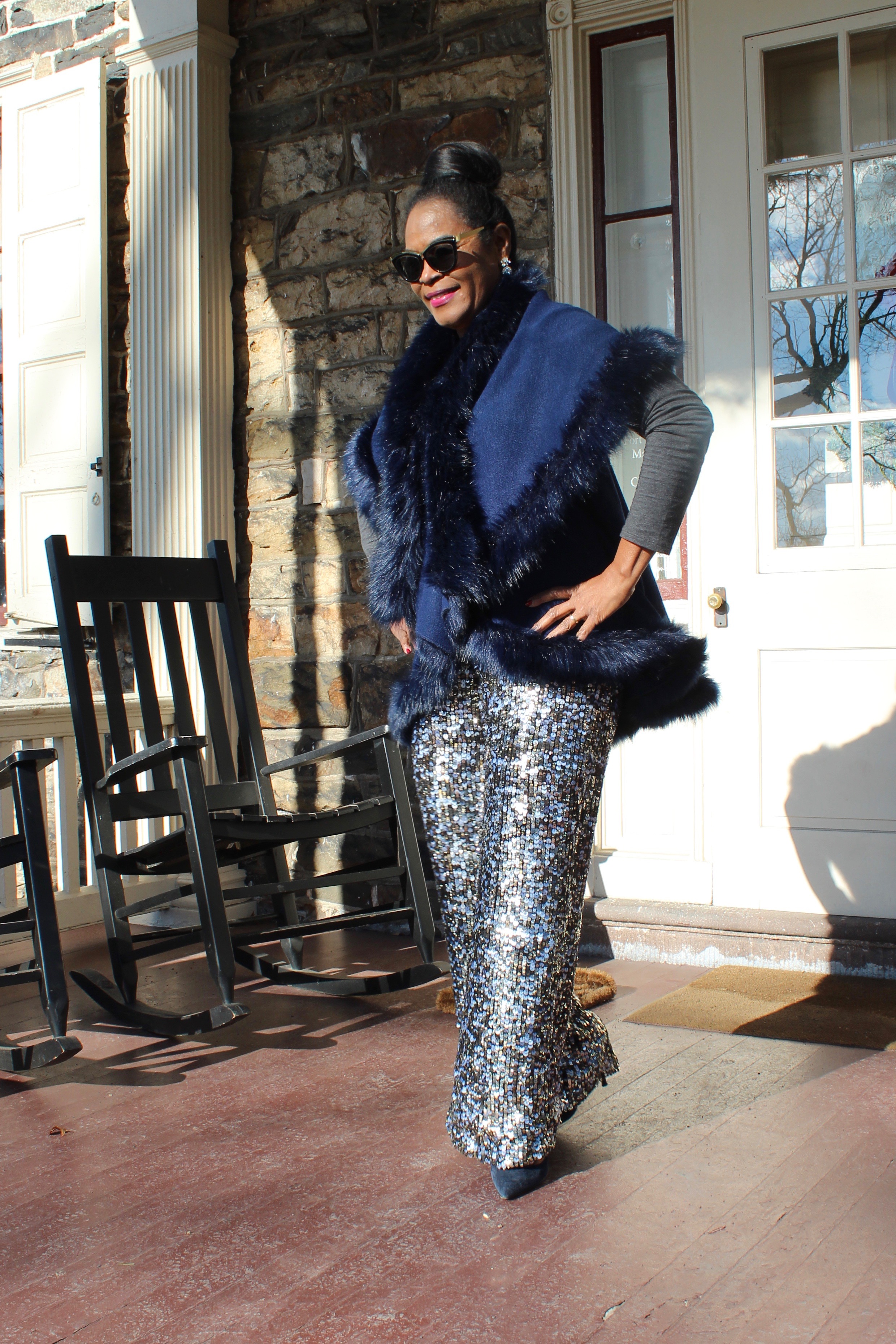 Faux Fur Navy Poncho with Kendall & Kylie Sequin Pants; Christmas in NYC; Free LV Exhibit