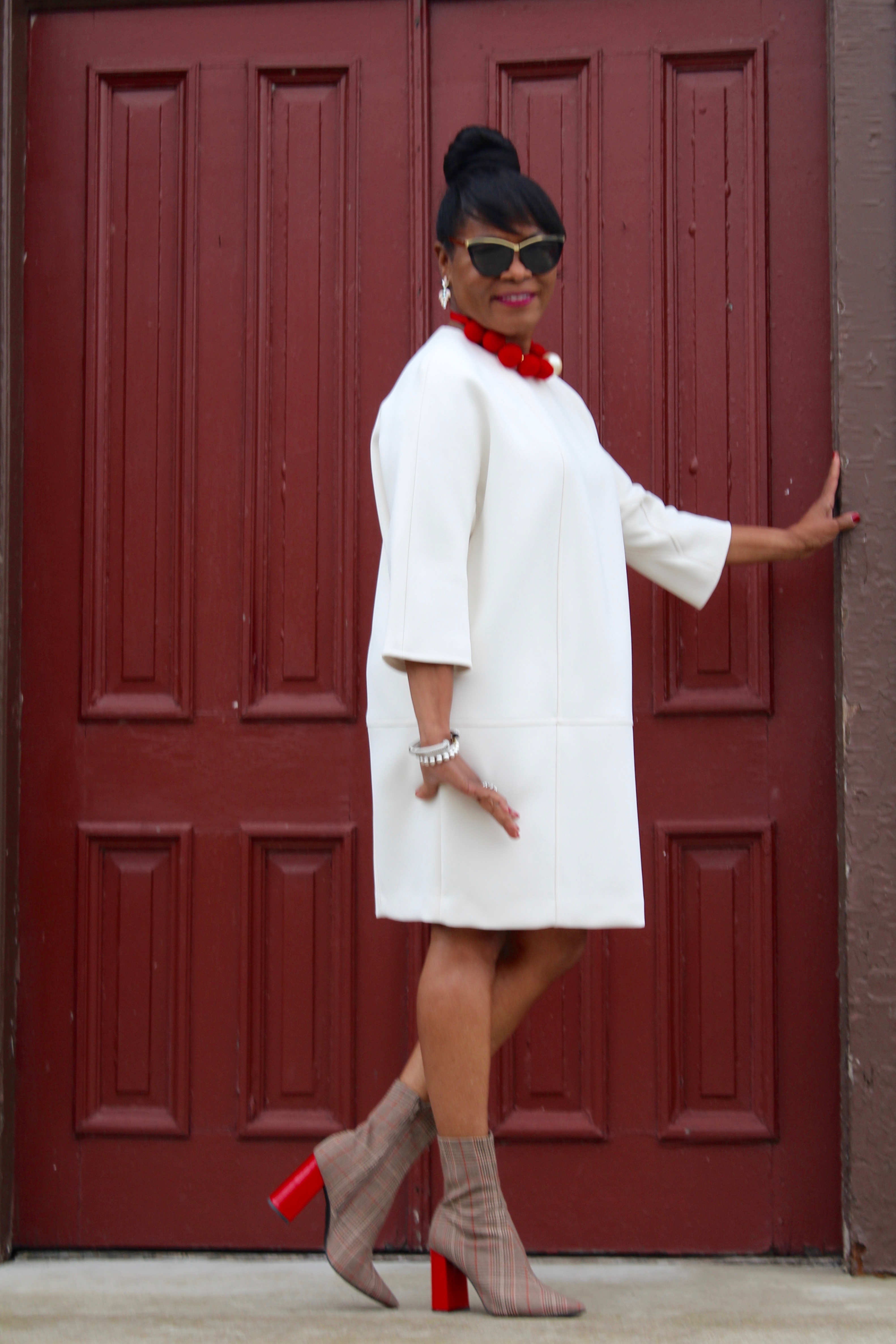 Jeffrey Campbell Red Plaid Siren Red Booties; Birabiro Red Felt Necklace; Join Us Wear Red Day