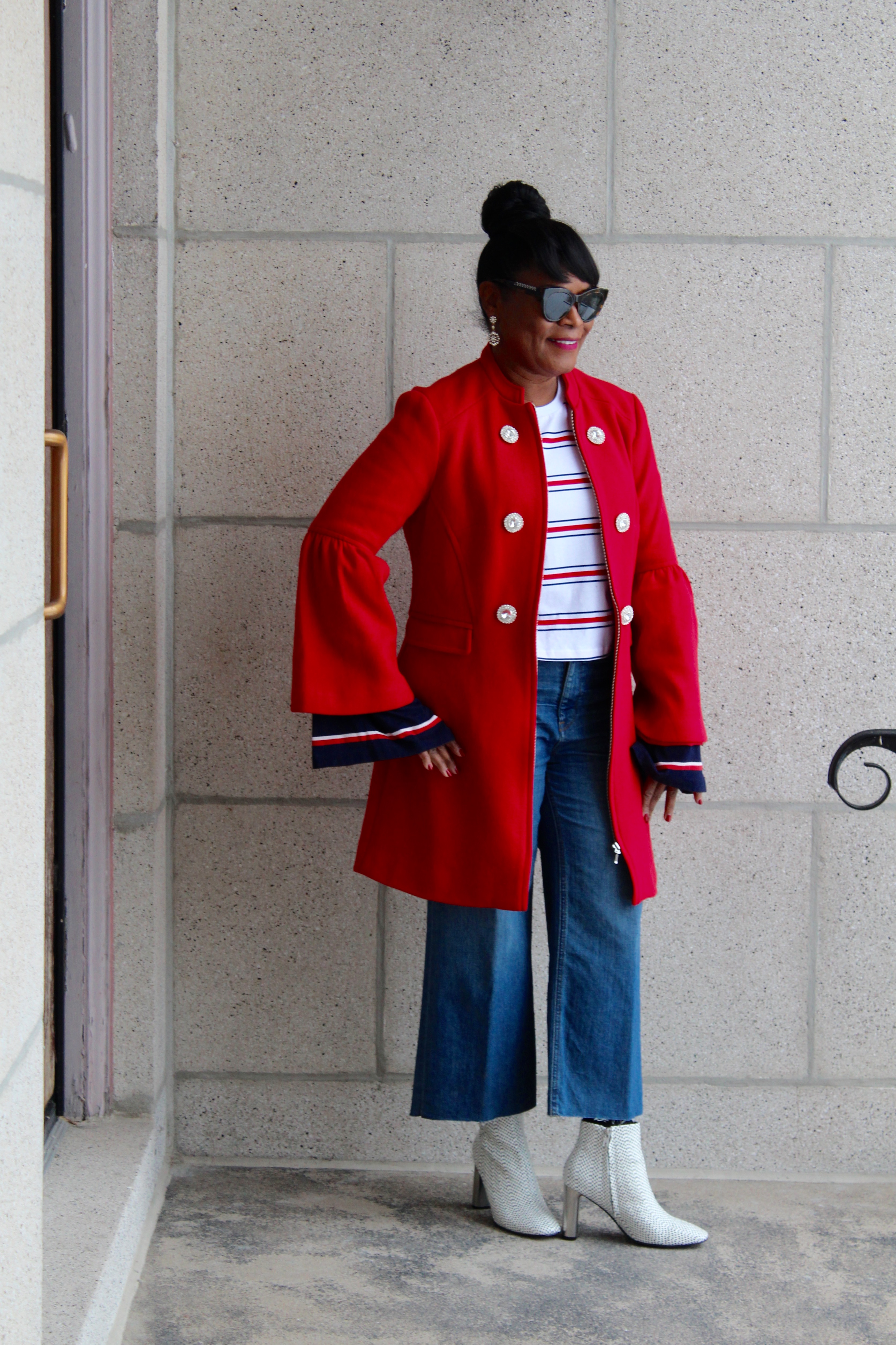 Do you Know the Health of your Heart? INC International Concepts Red Coat; ASOS Top with Oversized Sleeve in Cutout Stripe; Sol Sana Alicia Polka Dot Snake Print Leather White Bootie