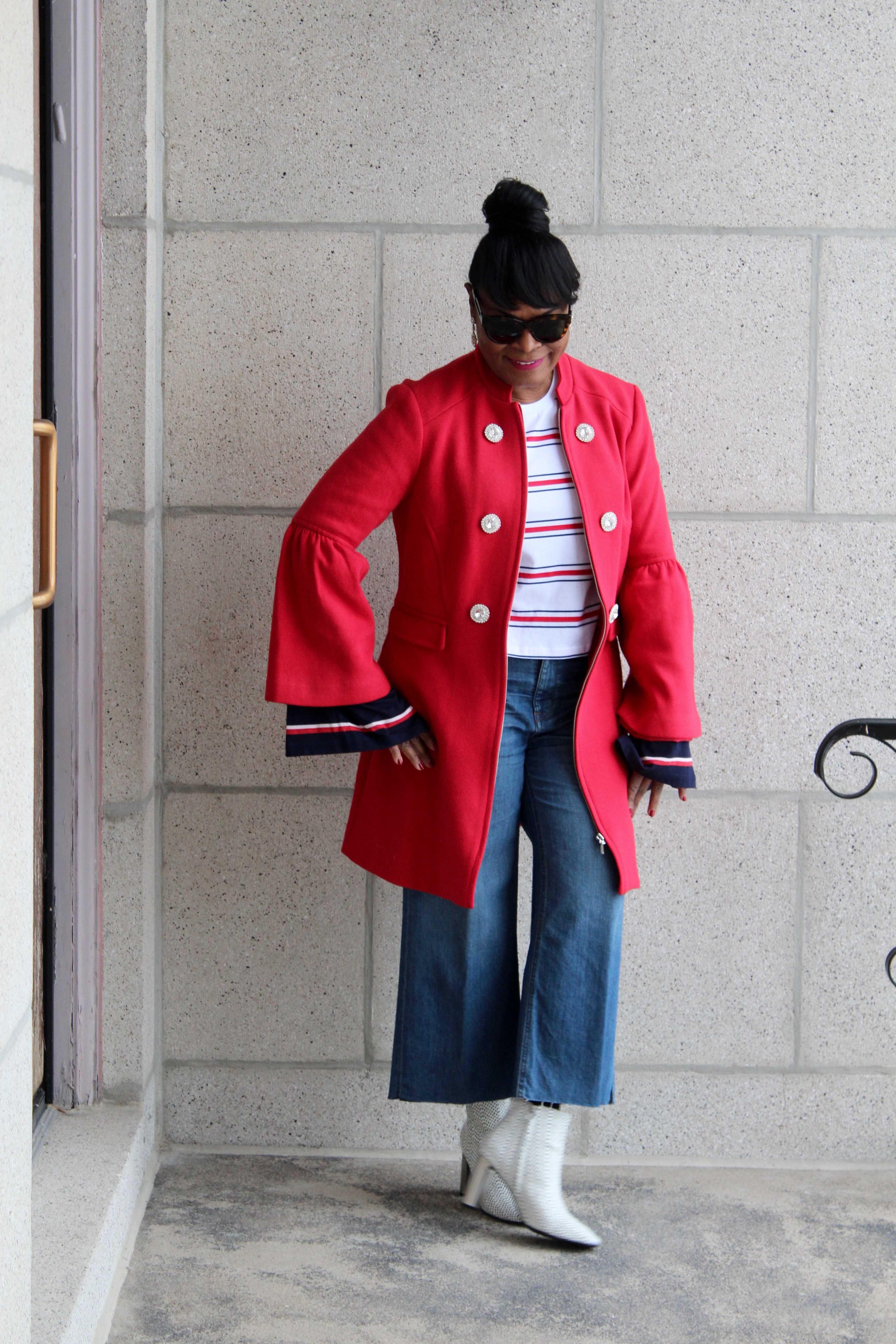 Do You Know the Health of Your Heart; INC Red Ponte Bell Sleeve Coat; White Booties; ASOS Oversized Bell Sleeves