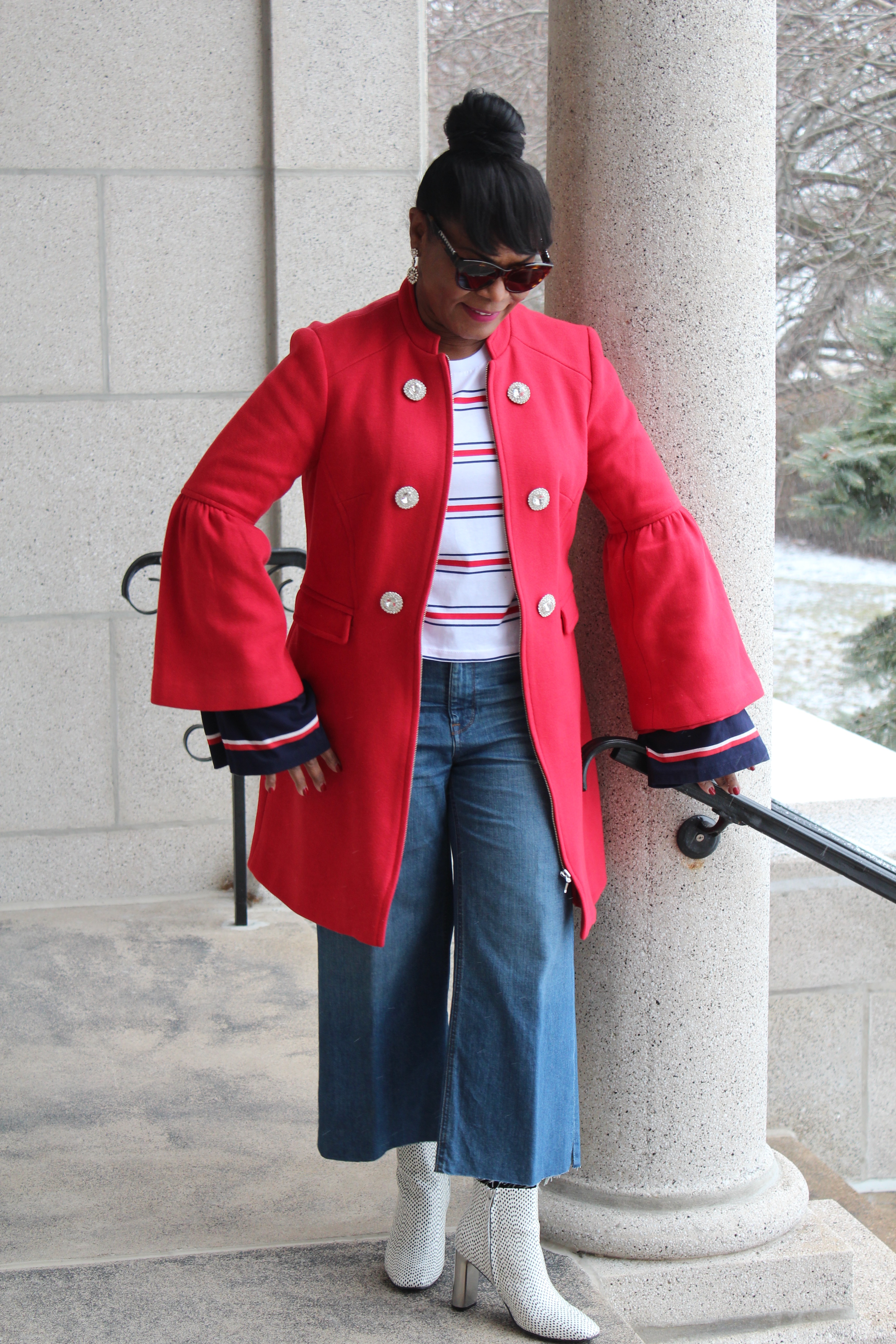 Do You Know the Health of Your Heart; INC Ponte Red Coat With Bell Sleeves; White Booties, ASOS Oversized Sleeve Top
