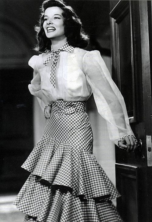 Katherine Hepburn wearing gingham in 1940 film, The Philadelphia Story.