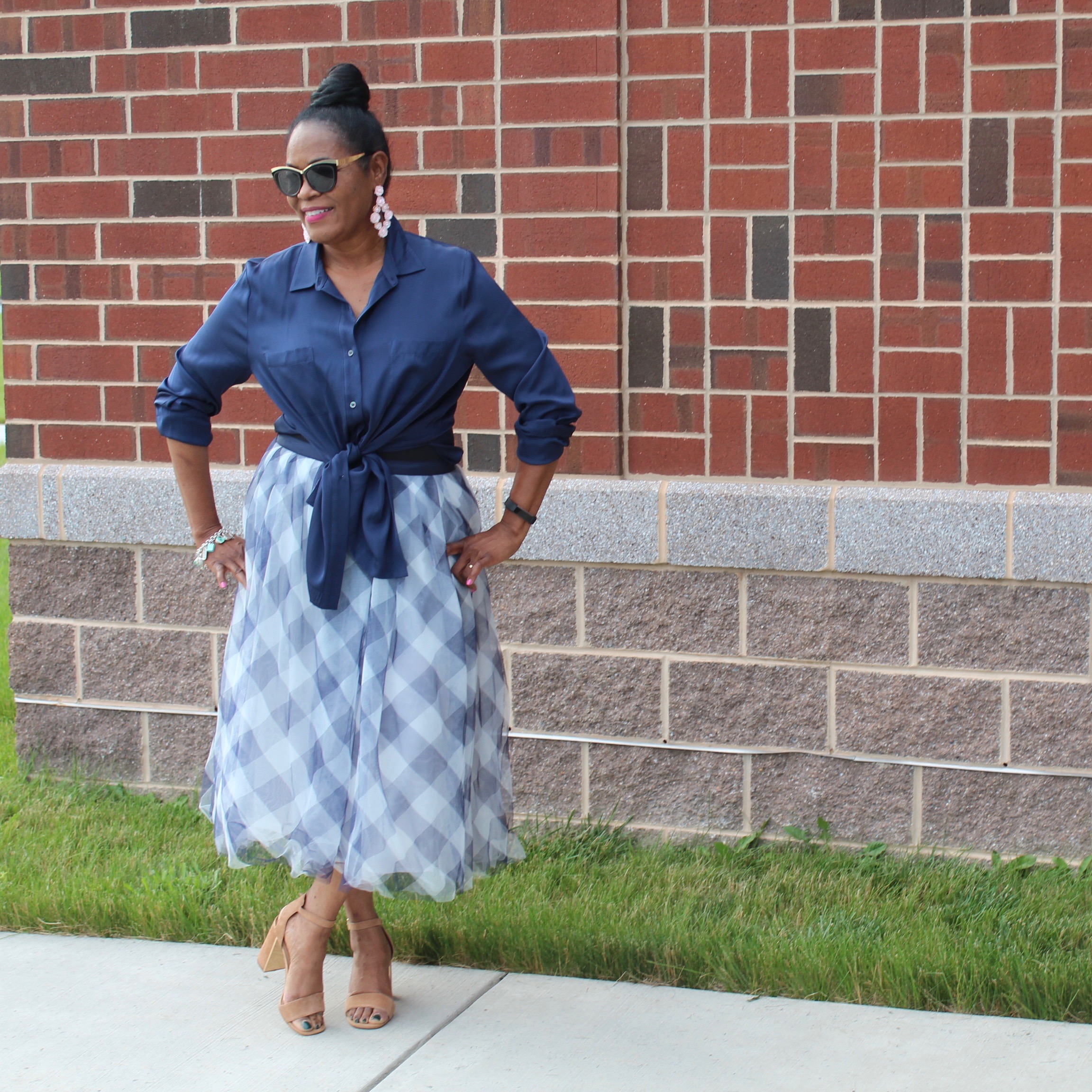 J. Crew Tulle Skirt with Repeat Navy Silk Blouse