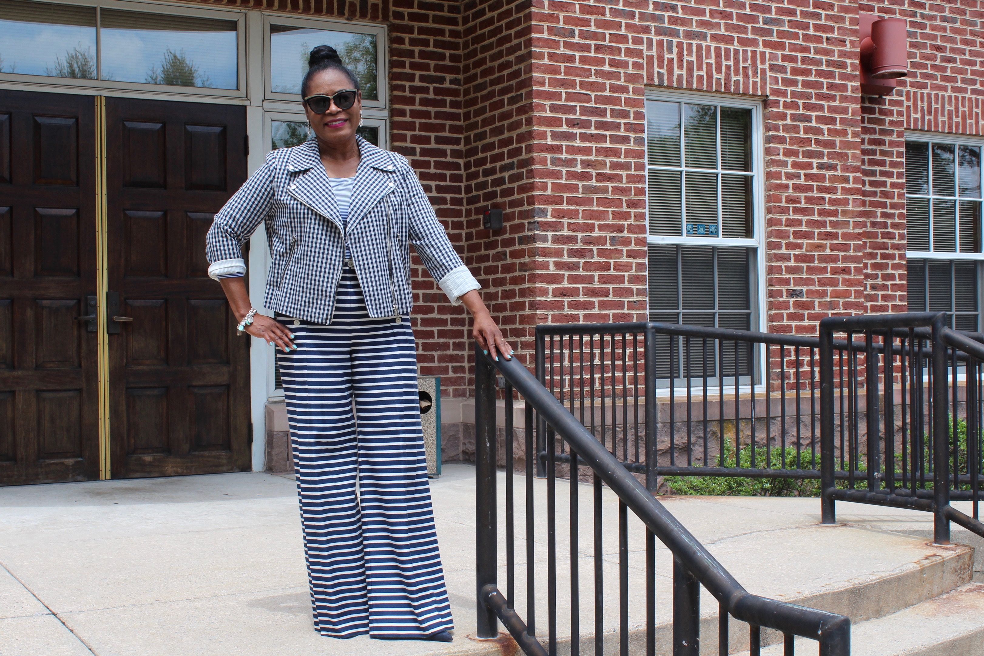 J. Crew Gingham Moto jacket and J. Crew Stripe Sailor Pants