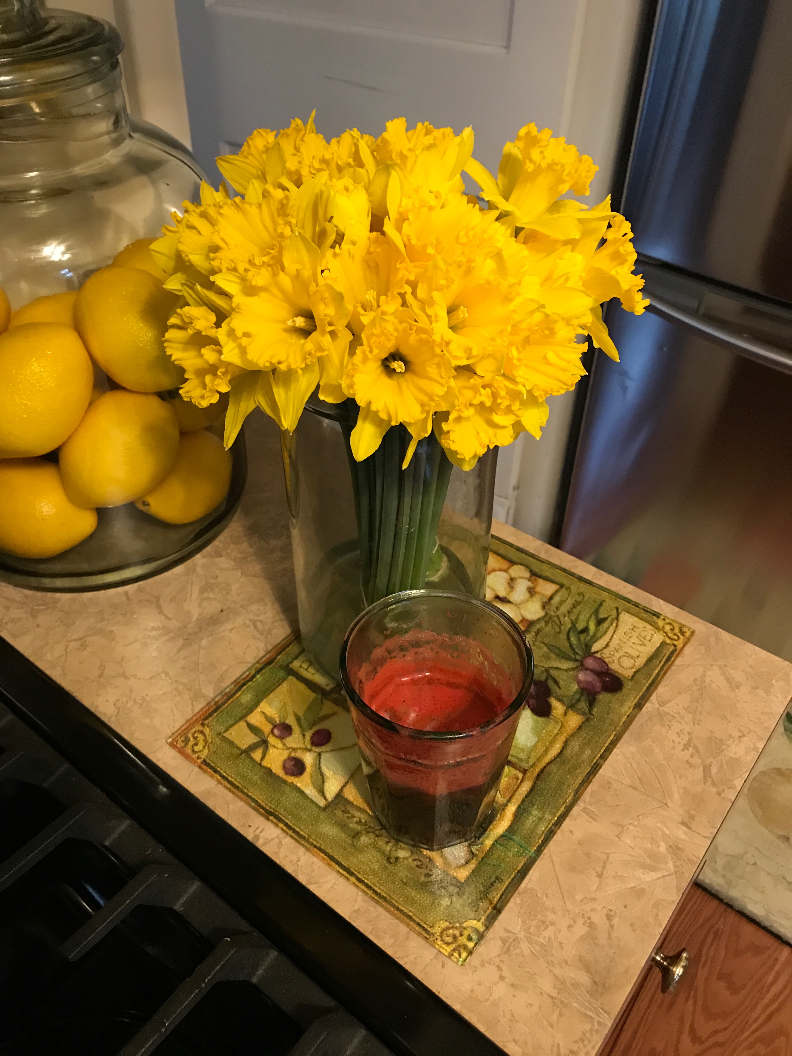 Glass of juiced beets, carrots, and apples.